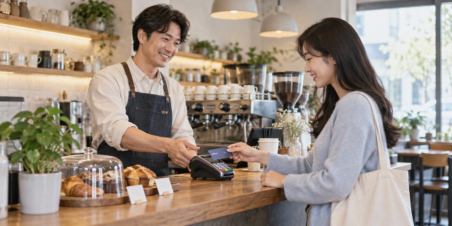 매장 카운터에서 결제 기기를 함께 확인하는 두 사람 — PG 온라인 카드결제 개통비개통비, 접수 첫날 내실 돈은 0원입니다. 급한 날, 송금 기다릴 일이 없어요.