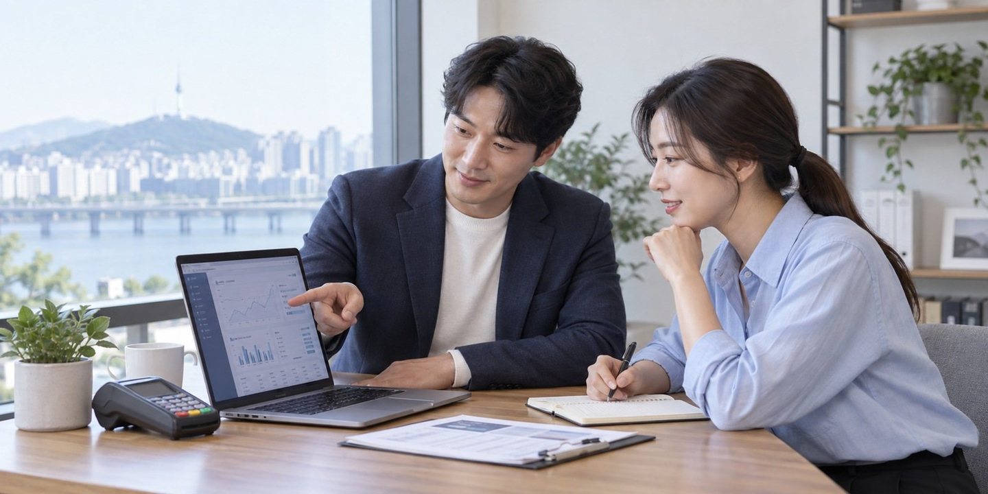 노트북 화면을 함께 확인하는 두 사람 — PG 온라인 카드결제 오늘 접수하면 저녁엔 어디쯤일까요? 지금 시각부터 하루 시간표를 짜 드립니다.