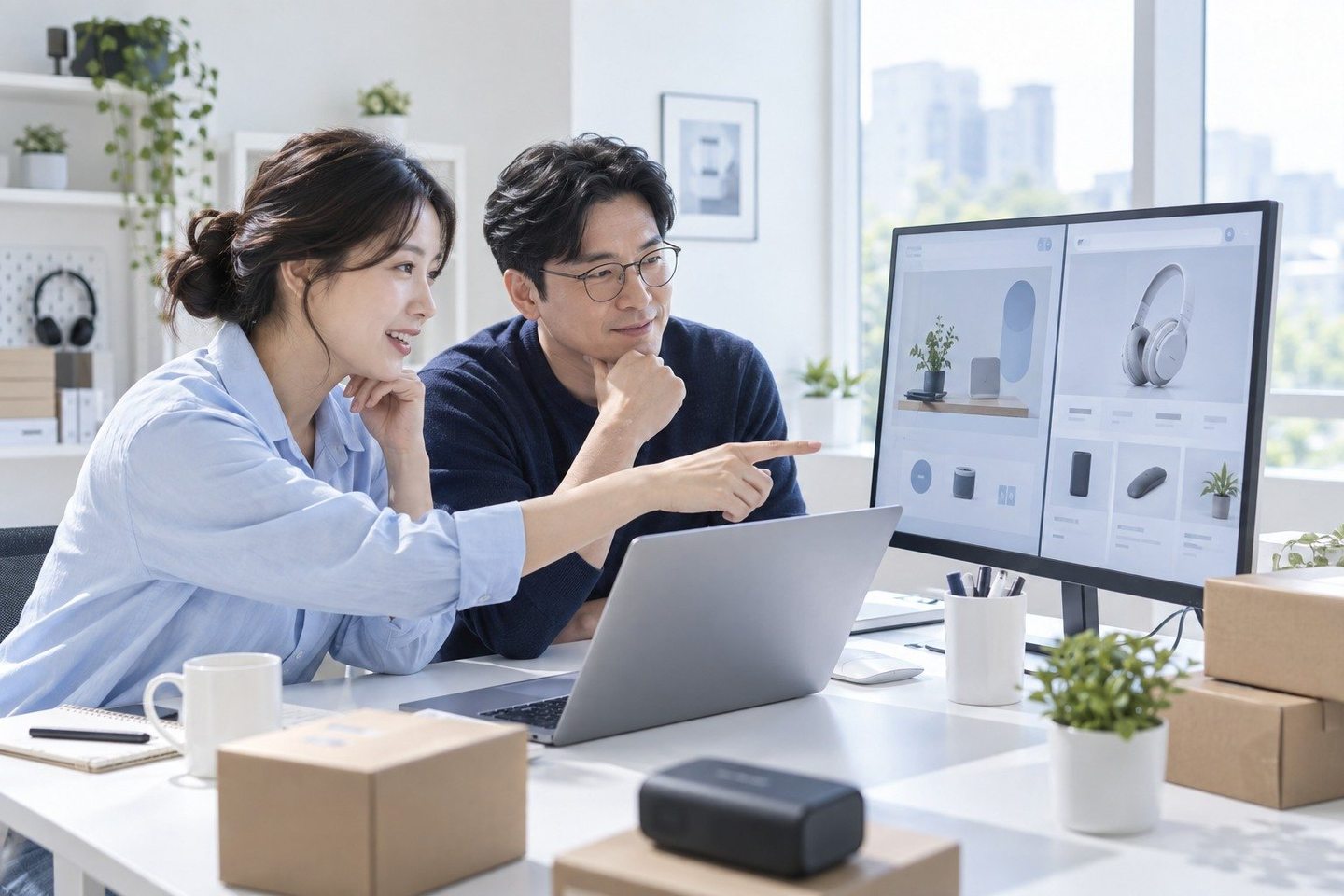 태블릿 화면의 항목을 함께 짚어보는 두 사람 — PG 온라인 카드결제 연동연동, 만든 방식이 달라도 결제창은 붙습니다. 어디까지 되는지 먼저 봐 드려요.